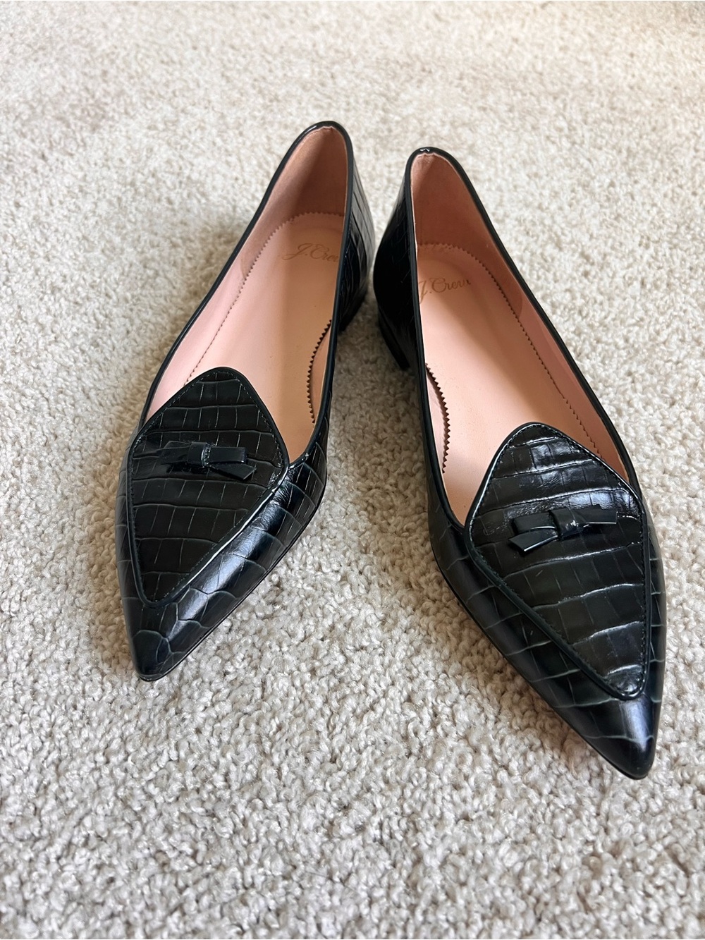 J. Crew Dark Moss Croc-Embossed Pointed-Toe Loafers size 8